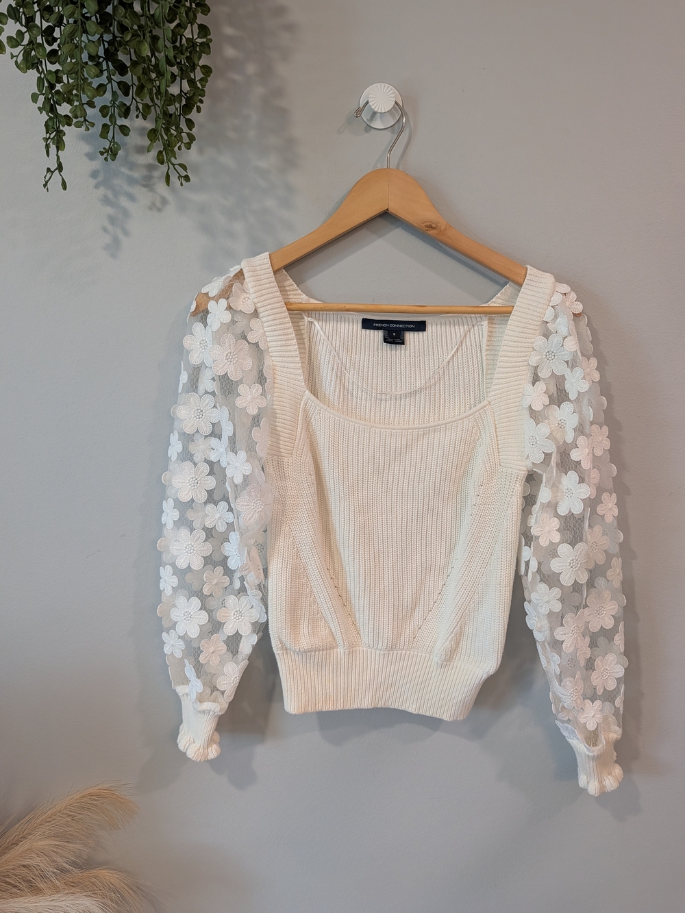 French Connection Cream Crewneck Sweater with Floral Mesh Sleeves Sz Small